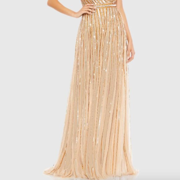MAC DUGGAL 93801 SEQUINED WRAP OVER SLEEVELESS GOLD/NUDE GOWN sz 6 - Picture 4 of 7